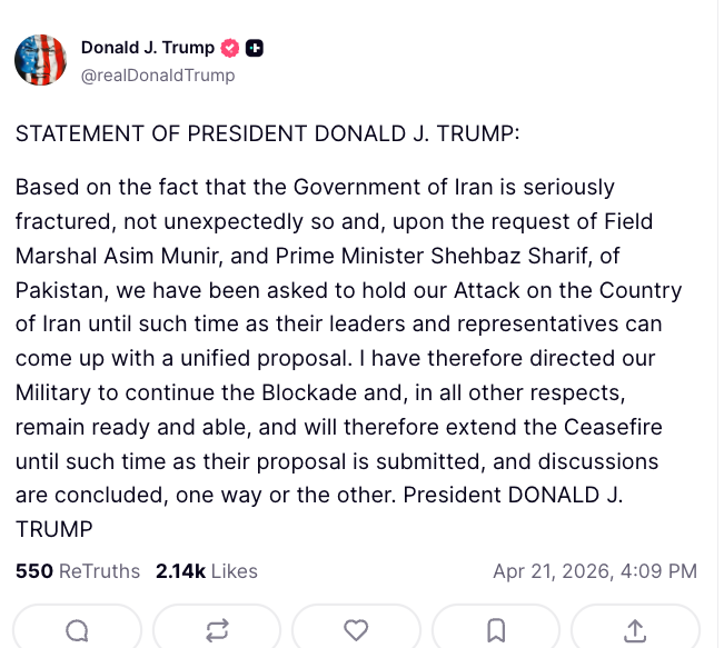 Trump caves and agrees to extend the ceasefire, while presenting it as a function of the Iranian government being in disarray. 

Very importantly, he is also extending the ceasefire INDEFINITELY, which reflects the outcome I have argued is the most likely: No deal, no sanctions