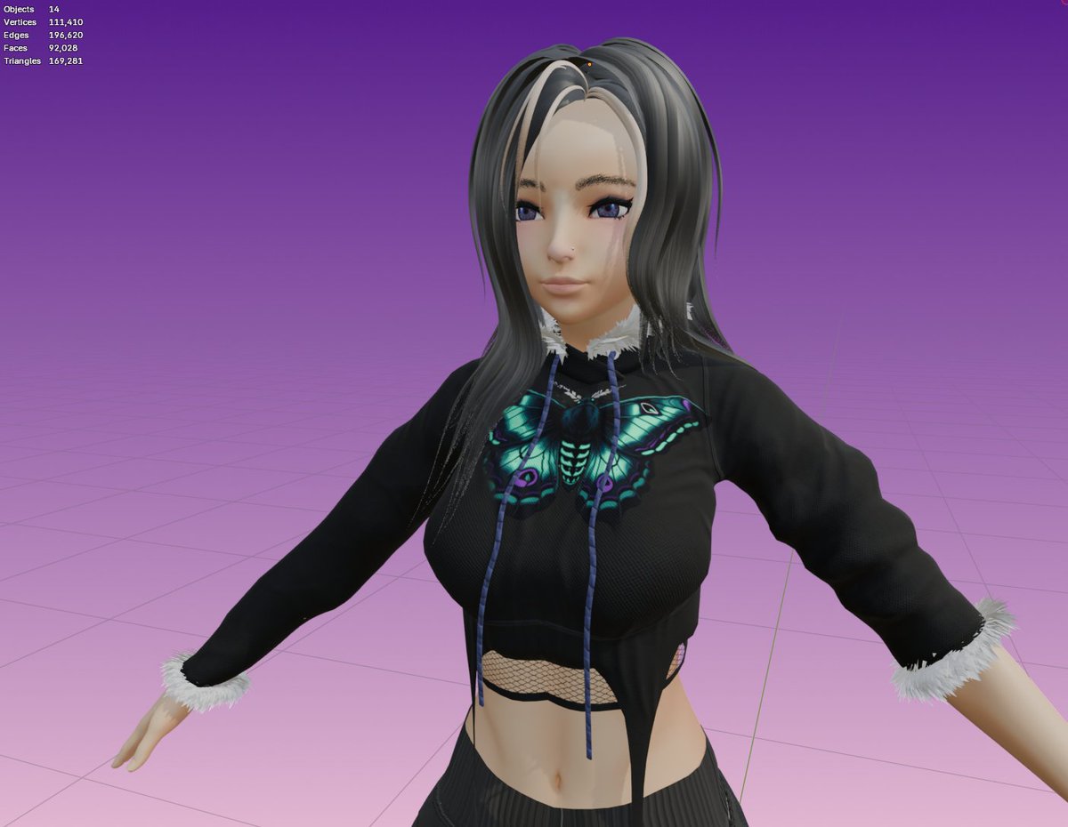 lumenarart's tweet photo. ~my first vrchat model is coming together! i got her hair, body, face, and hoodie modeled, uvd, textured, and rigged! #vrchat #blender https://t.co/rkRKNEedKc