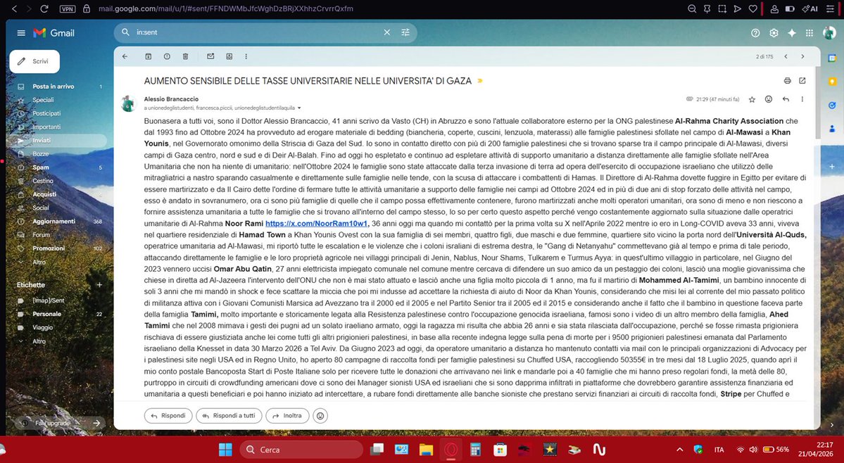 Bralex2302's tweet image. My dear brother, I already sent a mail to #UnionedegliStudenti Universitari in #Rome national section and to #LAquila section in #LAquilaUniversity, where I studied from 2003 to 2009, reporting all the skyrocketing prices of Universitary fees applied from #PNA there in #Gaza.