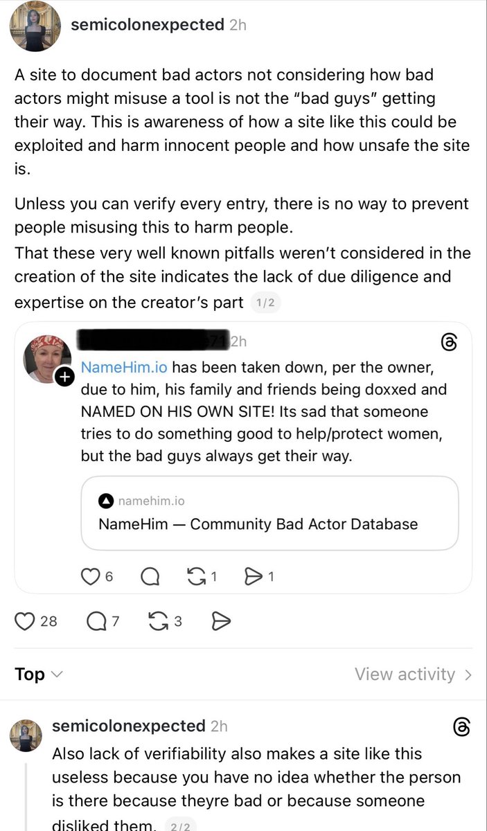 SemicolonExp's tweet photo. How many times do we have to remind people that crowdsourced list making and databases of “bad guys” never end well? 
But of course Cassandras are dismissed and accused of protecting “bad guys”
Have we not learned from the failures of SocialAutopsy and Tea app? https://t.co/pFYQRttrik
