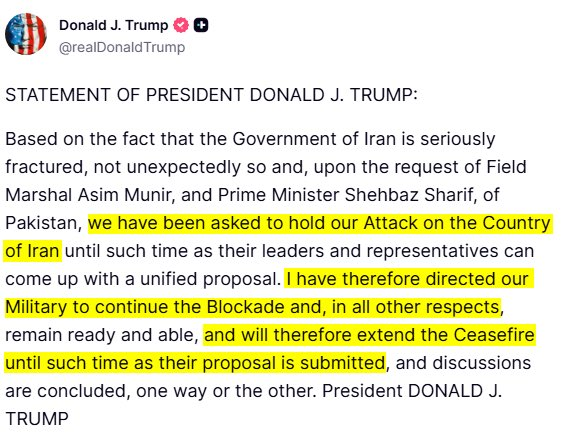 QuietAlphaCo's tweet photo. #TRUMP Says:
READY TO EXTEND #CEASEFIRE WITH #IRAN, DIRECTED OUR MILITARY TO CONTINUE BLOCKADE https://t.co/yBp7jg7eX6