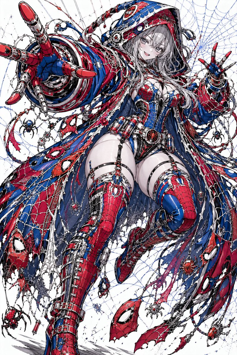 nakanogyume's tweet image. 《2026年4月22日 3頁目》
　5時18分。
　スパイダーマンローブ。私のプロンプトのベースになってる奴。
　不満点は未だに1K出力、プロンプトで指定されている巨大なガントレットを装備していない、くらいか。
　とにかくジャギーっぽく見えるのでさっさと2K出力に対応しろ。
#AIart #AIイラスト