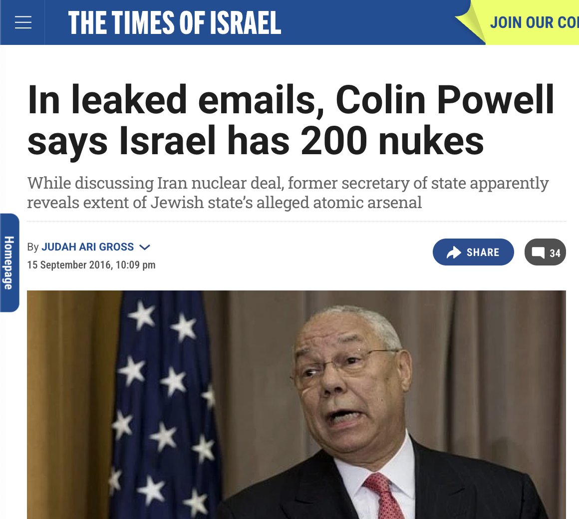 <a href="/OunkaOnX/">Ounka</a> <a href="/Katsikajules/">Jules or Τζουλς 🕊️@katsikajules.bsky.social</a> In 2016, Colin Powel  revealed that Israel possessed 200 plutonium nuclear warheads. As of today, Israel ,unlike Iran,has not ratified the Non-Proliferation Treaty &amp; does not allow any inspections. Israel attacked 7 countries in 2025. Who is the bigger threat to world peace?