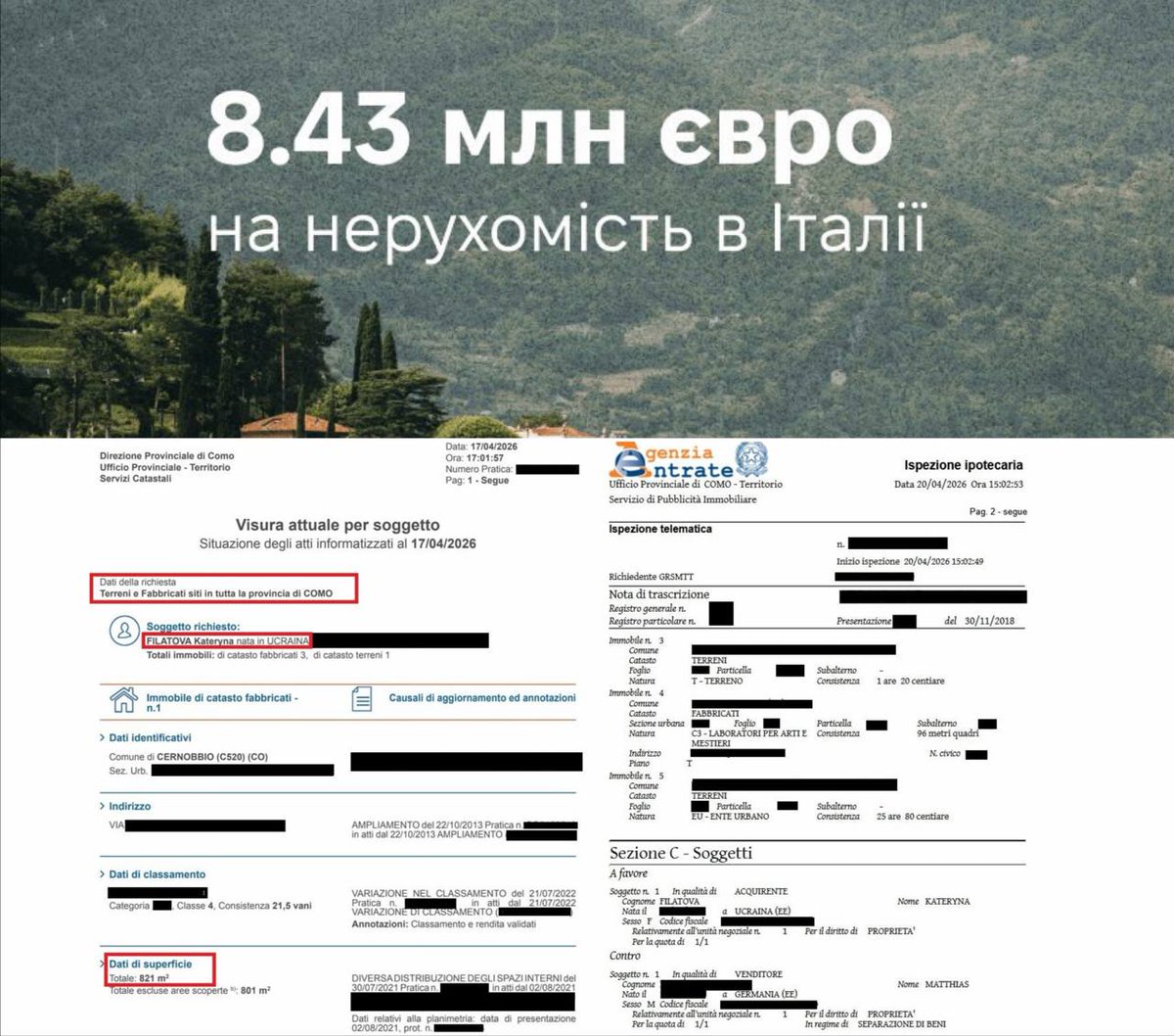 If anyone in the Europe or US wants to know where their money given to Ukraine goes, here is one good use for them.
The daughter of the Dnepropetrovsk mayor just purchased a house in the lake Como district in Italy: villa 821 sq.m plus land. Total cost so far - 8.43M euro.
The