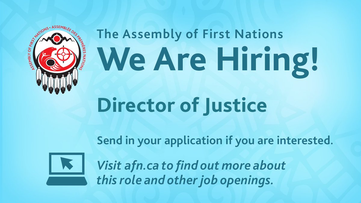 AFN_Updates's tweet image. We’re #hiring a Director of Justice at the AFN! As Director, you will help advance work related to the revitalization of First Nations justice systems, prevention and healing, and implementation of the Calls for Justice and Calls to Action. If you have experience working with