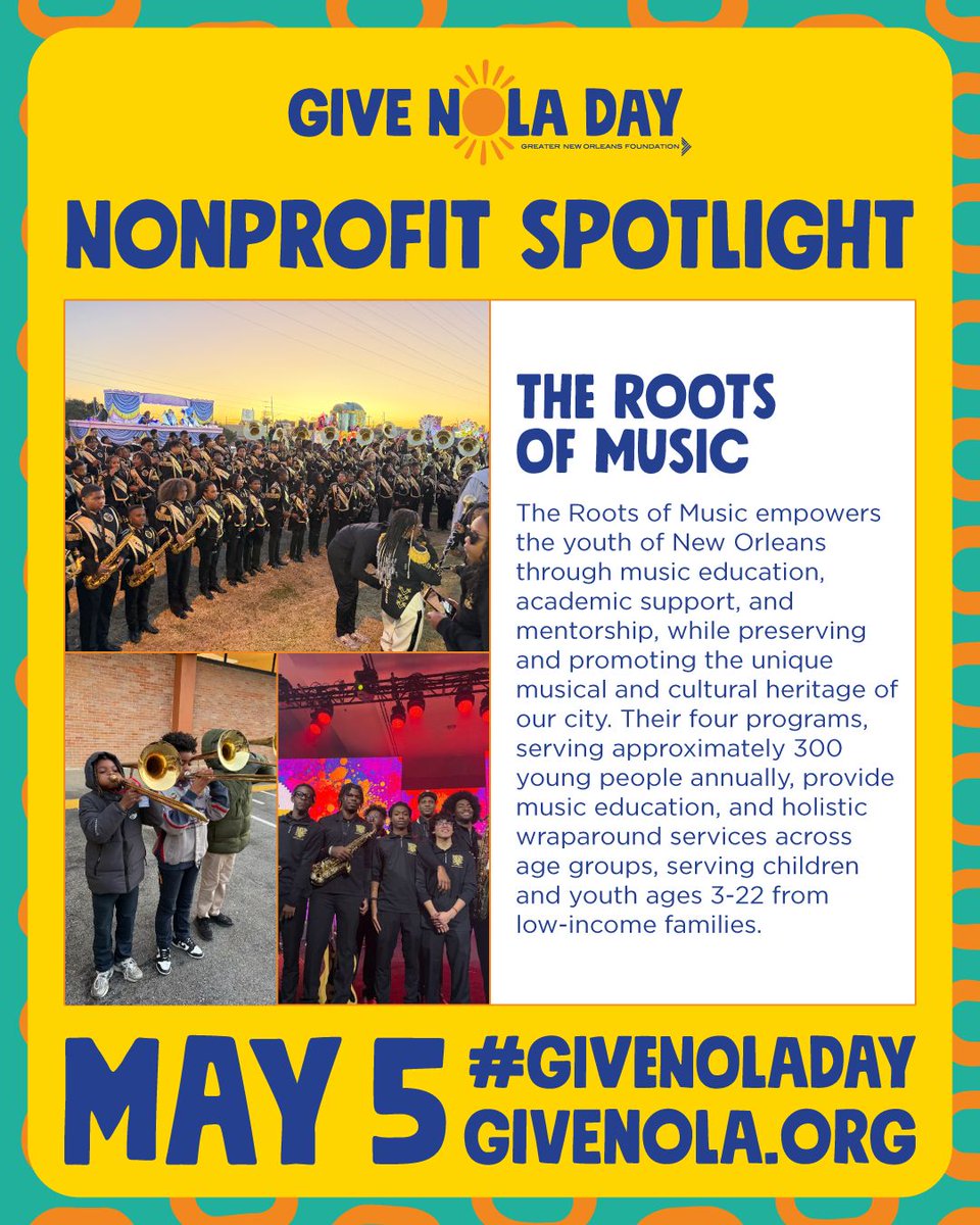 GNOFoundation's tweet photo. Today, we are spotlighting #GiveNOLADay nonprofit, @therootsofmusic. Funds raised through GiveNOLA Day help support The Roots of Music’s three core programs—Sprouts of Music, the flagship Marching Crusaders, and Roots Studio Academy—ensuring low-income youth across New Orleans have access to holistic, high-quality music programming at no cost to participants, along with critical wraparound services such as transportation, daily hot meals, over 250 instruments, and access to social work, counseling, and tutoring. Funds will also help sustain key staff and program operations. ☀️
✨Early Giving begins on April 28! Visit https://t.co/UMuLVyS29f to learn more about the organizations participating in GiveNOLA Day.
📷: The Roots of Music
#GiveNOLADay2026 #GiveNOLADay #GreaterNewOrleansFoundation