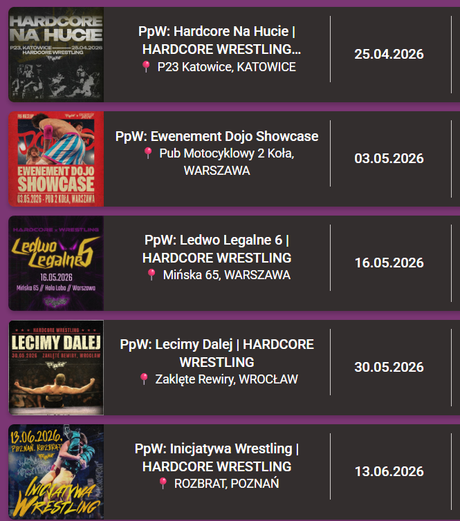pa_trick_98's tweet photo. PpW przedstawia rozpiskę gal na miesiące kwiecień, maj i czerwiec. Największa organizacja wrestlingu w Polsce, oprócz swojego stałego miejsca na mapie w postaci Warszawy, odwiedzi również Wrocław, a także po raz pierwszy - Katowice i Poznań. 👏 #wrestlingpl https://t.co/FOp0Z0WHOP