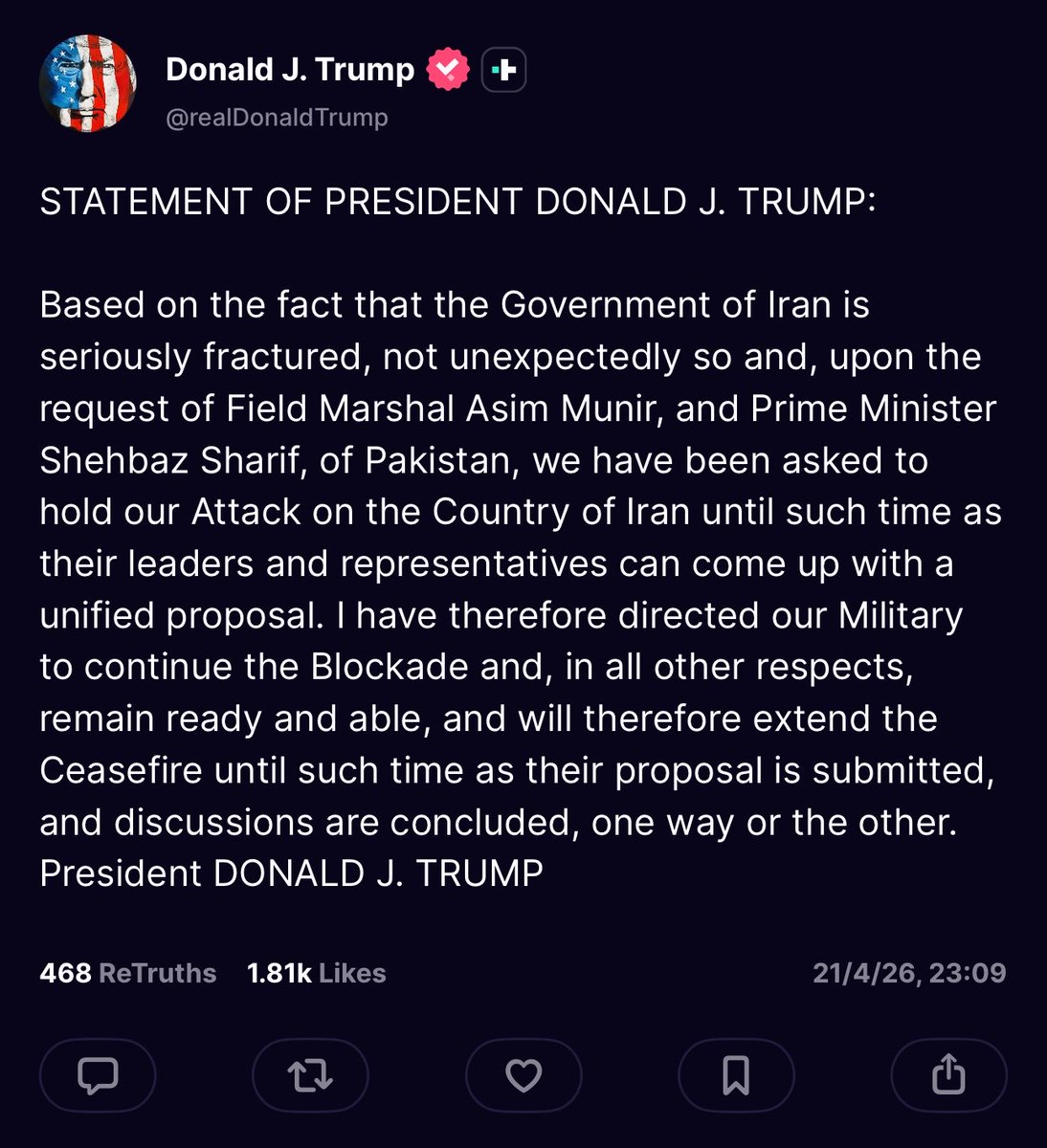 ngn008's tweet image. #breaking Trump announces extension of ceasefire until the end of negotiations with Iran. #ceasefire #peace #usa