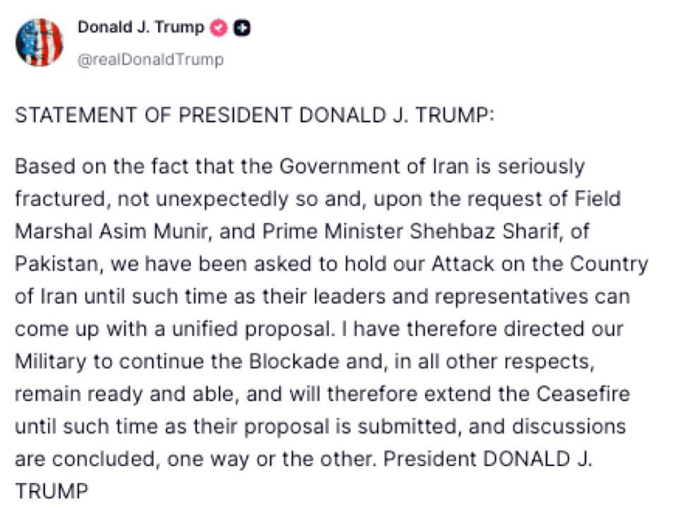 Osint613's tweet image. STATEMENT OF PRESIDENT DONALD J. TRUMP:

Based on the fact that the Government of Iran is seriously fractured, not unexpectedly so and, upon the request of Field Marshal Asim Munir, and Prime Minister Shehbaz Sharif, of Pakistan, we have been asked to hold our Attack on the