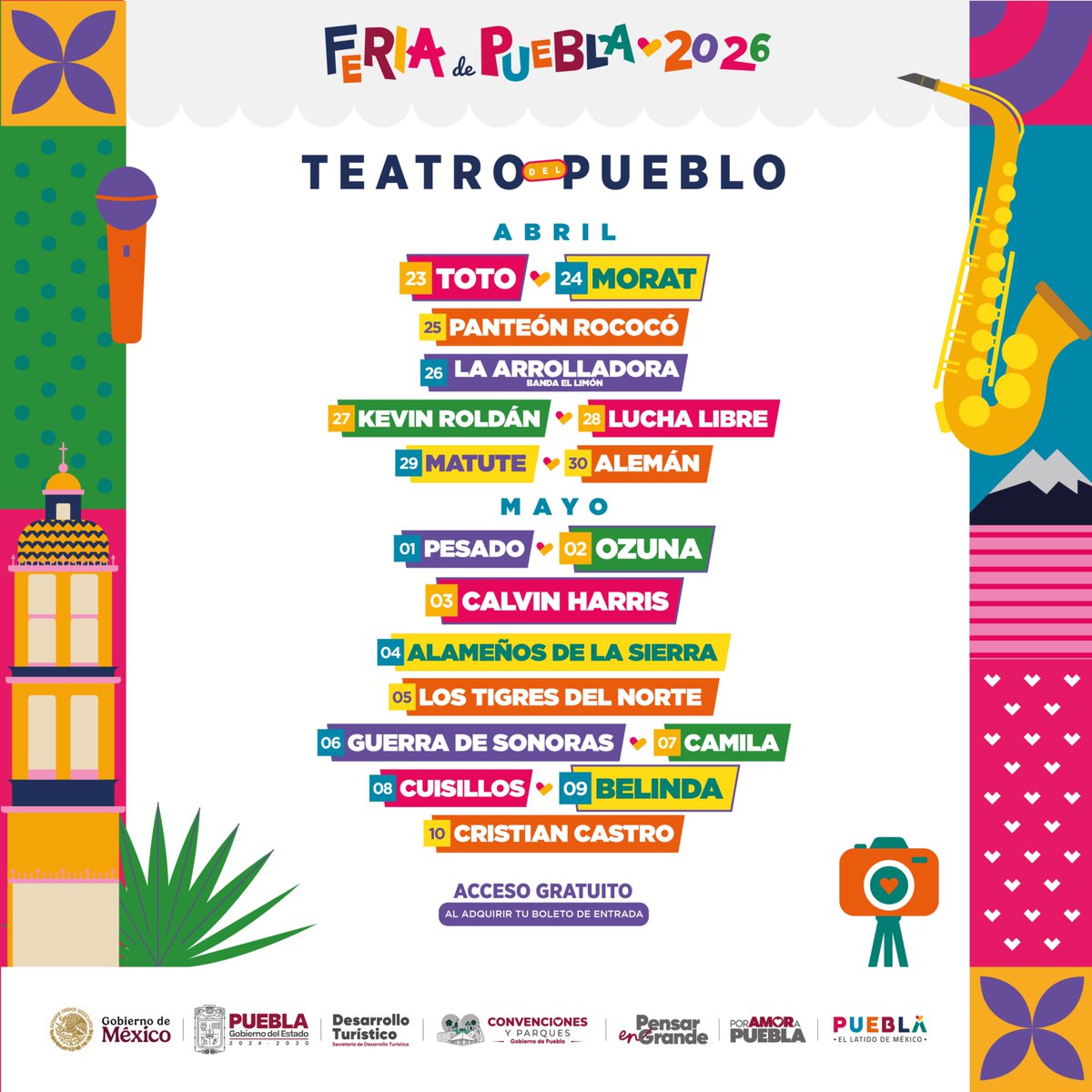 CallejeroPue's tweet photo. ¿Cuál es tu artista favorito del Teatro del Pueblo? 🎤🔥

En la #FeriaDePuebla2026 tenemos música para todos los gustos. ¡Prepárate para cantar a todo pulmón y disfrutar los mejores conciertos! 🙌

#ElLatidoDeMéxico #PorAmorAPuebla #PensarEnGrande https://t.co/6yASEDlfqt