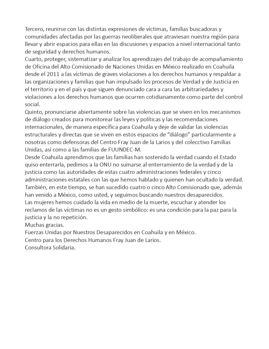 FUNDEM_Mx's tweet photo. El pasado 19 de abril, estuvimos presentes en una reunión con el Alto Comisionado de Derechos Humanos de @ONU_es. La directora del @FrayJuanLarios Alma García, relató el contexto de las desapariciones en #Coahuila. Aquí la carta que se le envió con @FUUNDEC   y @solidaria_sc https://t.co/wp9xE9bBan