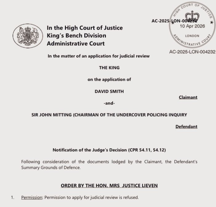 DaveBlacklist's tweet image. Last Sept, BSG lawyers submitted a JR against a ruling by the chair of #spycops inquiry refusing me the opportunity to appear as a witness. The JR was only possible because of the support of the #HumanRights Fund. Last week, we got the Judge’s decision refusing my application.