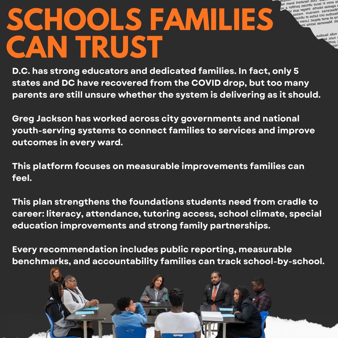 GregoryJackson's tweet image. Super excited to share our education agenda! Investing into our youth is essential to ensure the future of this great District. Our future leaders deserve an educational setting that ensures their prosperity. #education #dc #lesstalkmoreaction