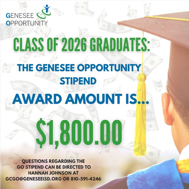 swartz_creek's tweet image. 🎓 Class of 2026: Great news! The Genesee Opportunity Stipend is now $1,800 — up $200 from last year! Eligible Genesee County grads can use it for college, career training, or certifications. Apply now: geneseego.org #ClassOf2026