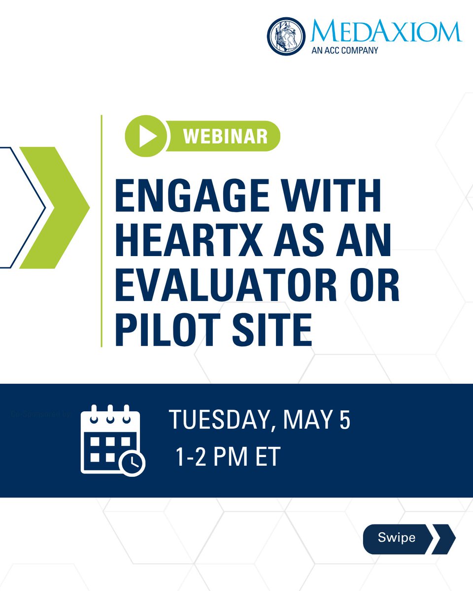 MedAxiom's tweet image. Want to get involved in cardiovascular innovation?

Join our webinar on May 5 to learn how to engage with HeartX as an evaluator or pilot site—no commitment required!

Register: hubs.li/Q04c-Jt60

@HealthTechAR #Cardiology #MedTech #DigitalHealth #HeartX