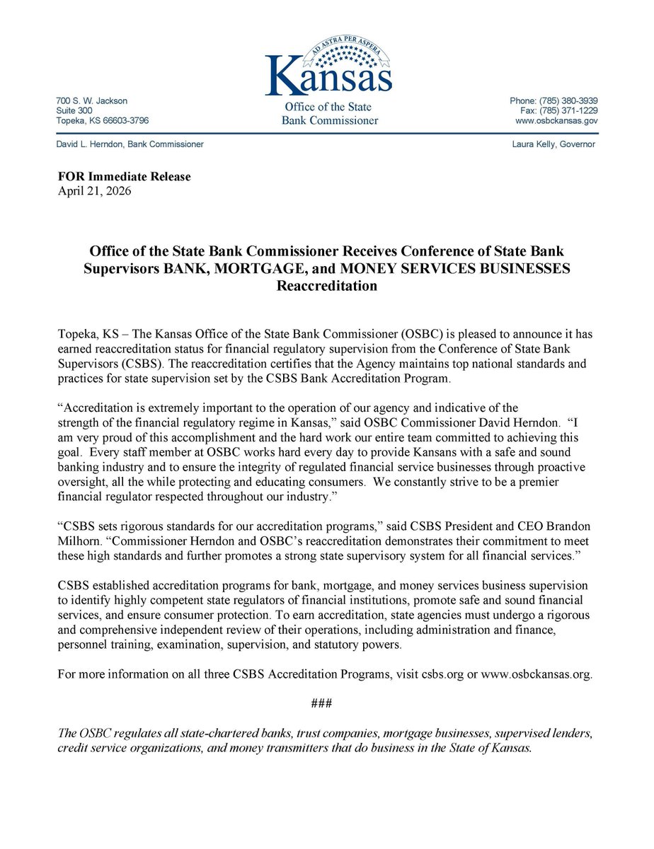 KS_OSBC's tweet photo. The Kansas Office of the State Bank Commissioner (OSBC) is pleased to announce it has earned reaccreditation status for financial regulatory supervision from the Conference of State Bank Supervisors (CSBS). https://t.co/FWFn4XvCMp
