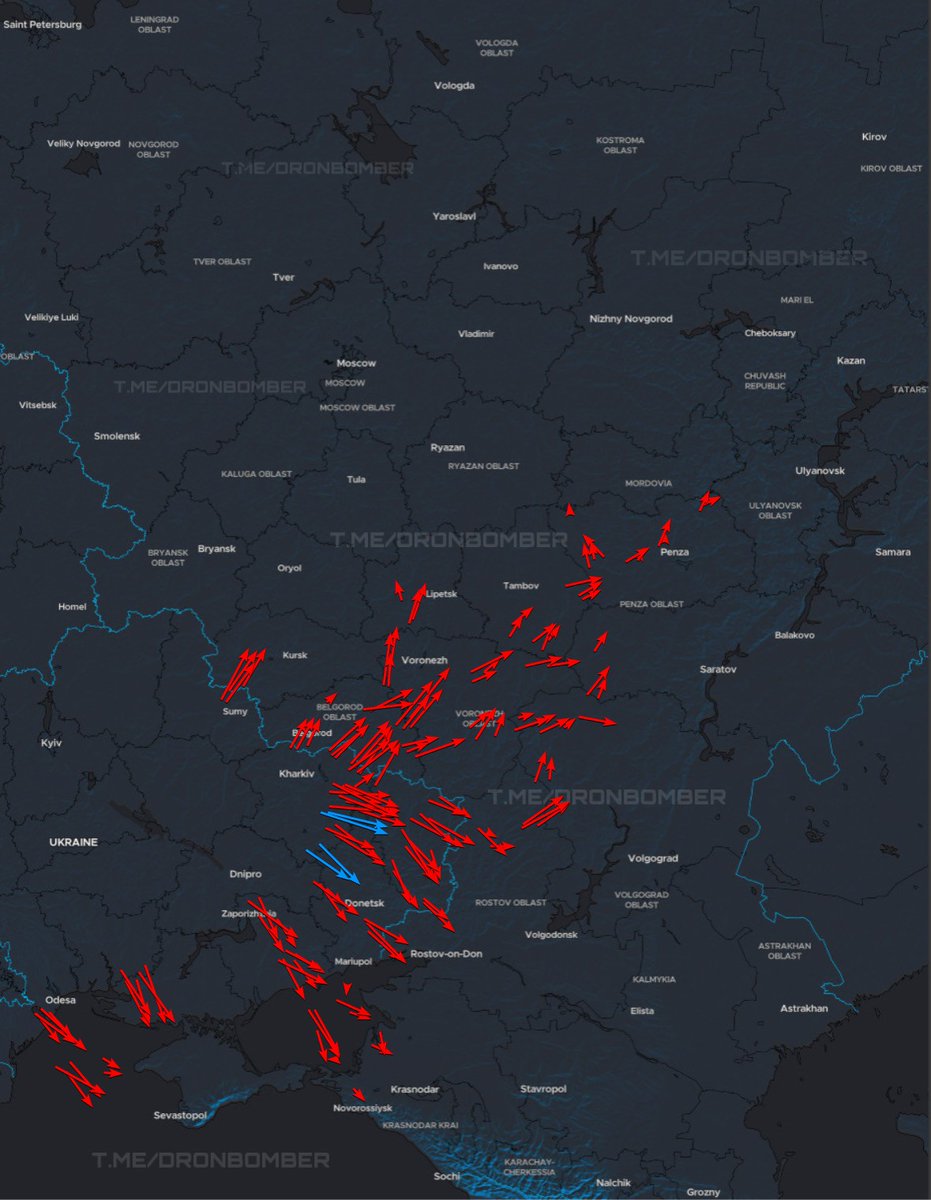 🇺🇦23:30 | 21/01

Approximate flight routes of our UAVs:

🔴 Red arrow – directions of movement of strike UAVs;

🔵 Blue arrow – directions of movement of jet-powered UAVs;

According to Russian sources, around 210 conventional and 4 jet-powered drones were reportedly launched;