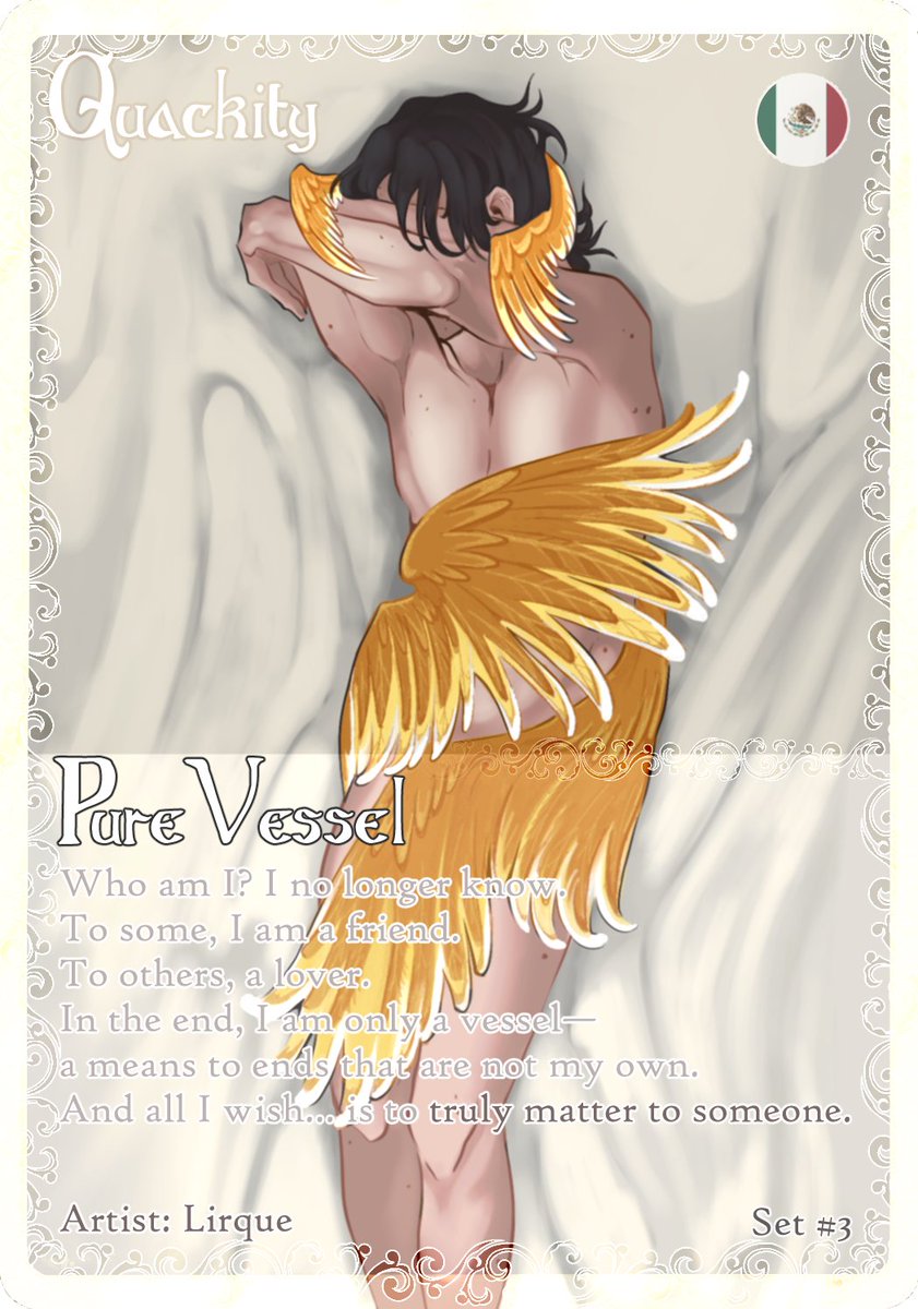 I know this is one of many cards (tcg) featuring Quackity. However, I wanted to portray him in his purest form, stripped of his personality. I wanted to show the fear and sadness within him, and also emphasize how pure his soul is.  Please don't sexualize this.  
#qsmp2