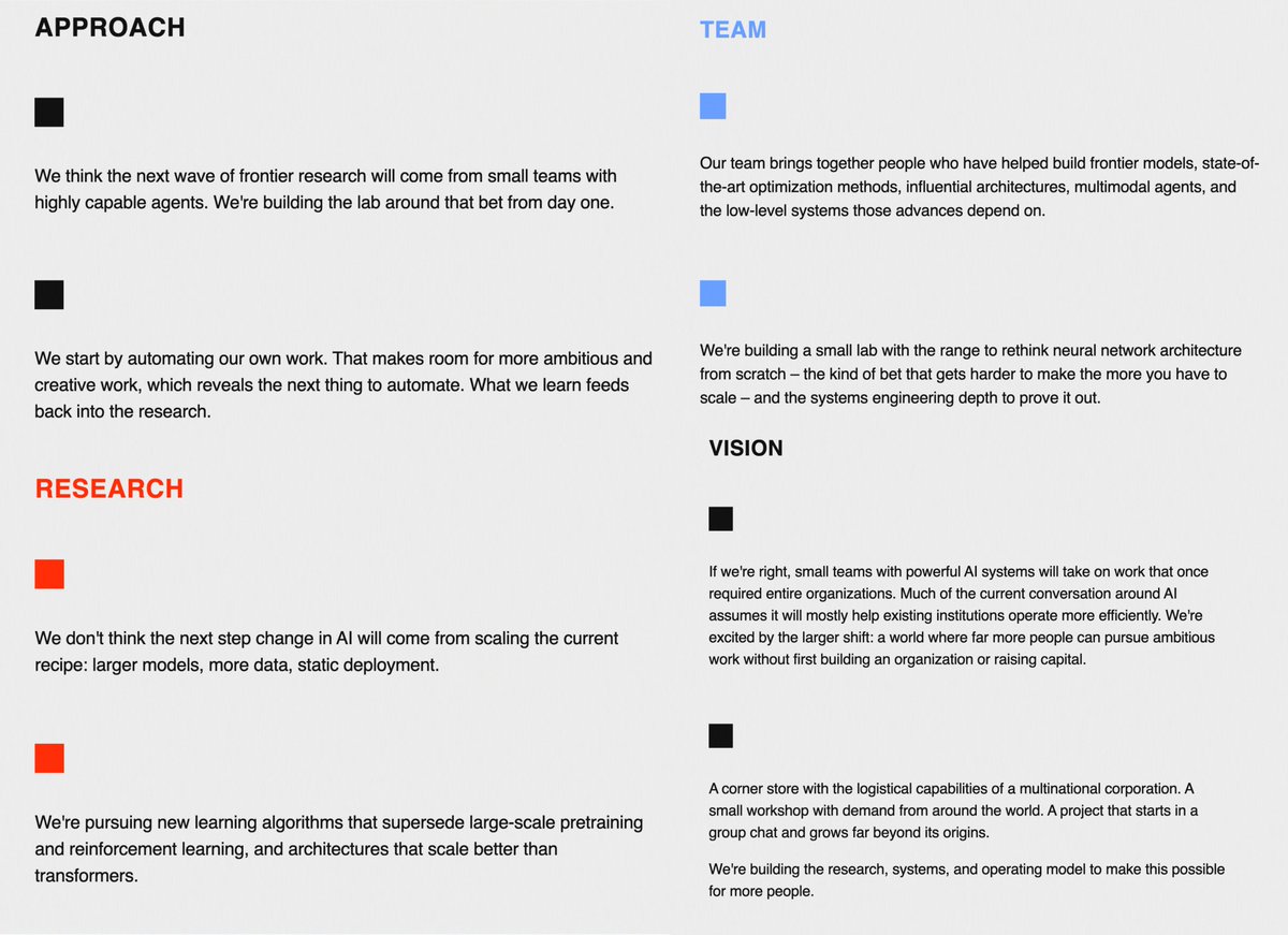 sethbannon's tweet photo. A new AI lab built from the ground up around automated research.

Led by the legend Jerry Tworek, former VP of Research at OpenAI, where he led the development of reasoning models. Absolutely incredible founding team. Heavy hitters out of OAI, Anthropic, DeepMind.

Core idea: scaling models, data, and static deployment won't get us to the promised land. We need something different: new learning algos, new architectures, and systems that automate the process of building itself.

As they say, they're "pursuing new learning algorithms that supersede large-scale pretraining and reinforcement learning, and architectures that scale better than transformers."

An AI to build AI.