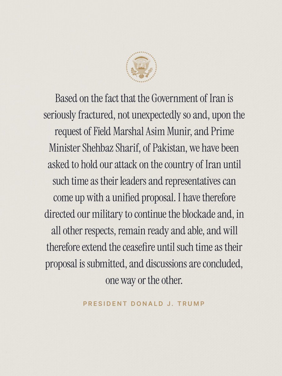 FSWarraich's tweet photo. Ceasefire will persist. Good news 🕊️ As we predicted, Trump has only two options:
1- Dialogue with Iran or
2- Boots on the ground

The second option is impossible for the Trump administration, so there is only one way Trump can have an off-ramp: DIALOGUE. https://t.co/E0yBVNtjkk