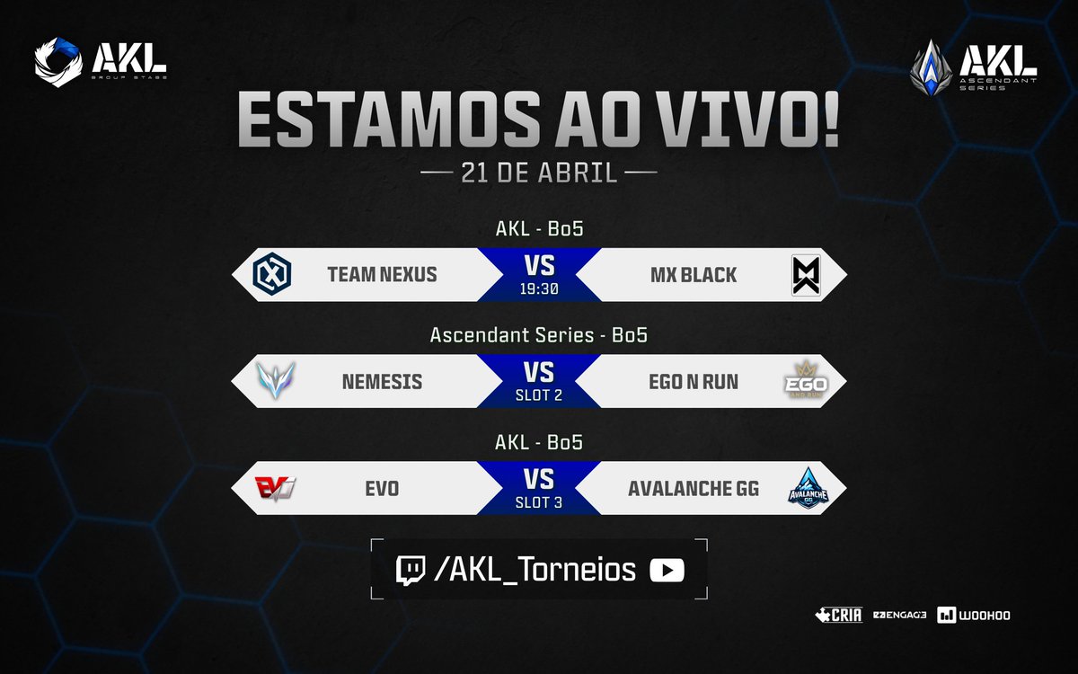 AKL_Torneios's tweet image. Estamos AO VIVO com o dia 2 da fase de Grupo do Stage II da #AKL!!
Com os confrontos entre
Team neXus x MX Black
eVo x Avalanche GG
E pelo Ascendant series
NEMESIS x Ego N Run

Com os casters @sentinel.snt e @caster.rickz
Cola com a gente!
🟣 twitch.tv/akl_torneios