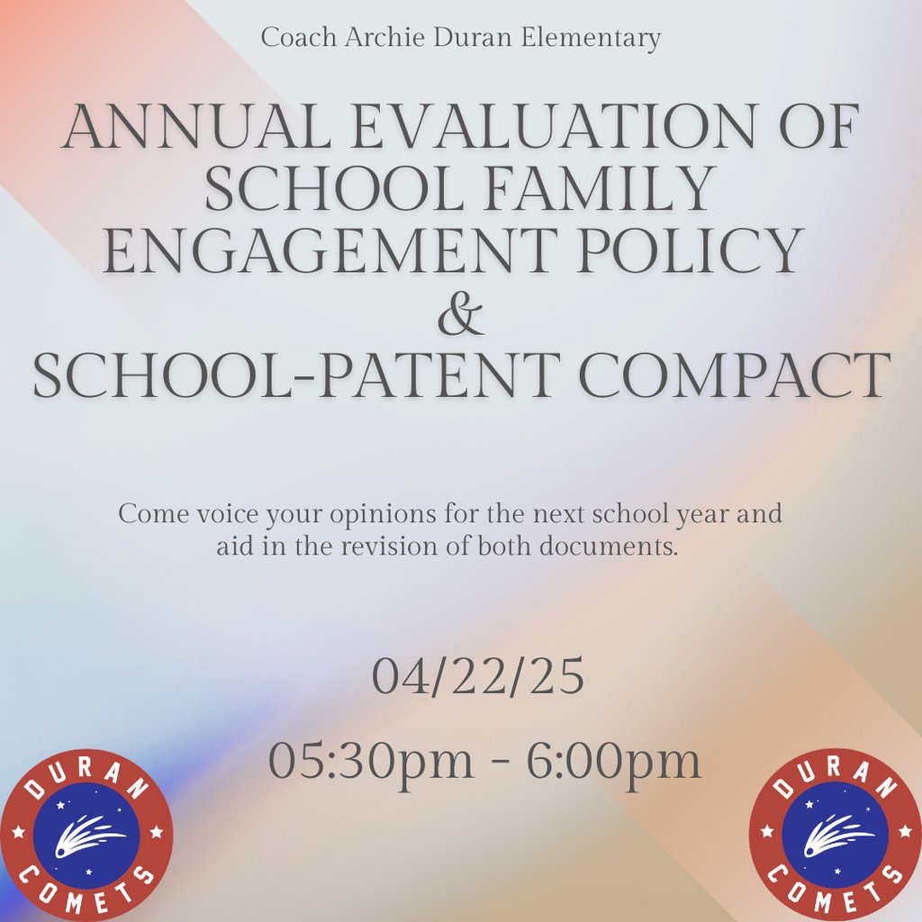 comets_duran's tweet photo. Parents: Annual Parent Engagement Policy &amp; Compact Meeting this week. We can help with registration—bring a utility bill.
Padres: Reunión anual de participación de padres esta semana. Ayudamos con registro—traiga recibo de servicios. https://t.co/jrmct6nYzv