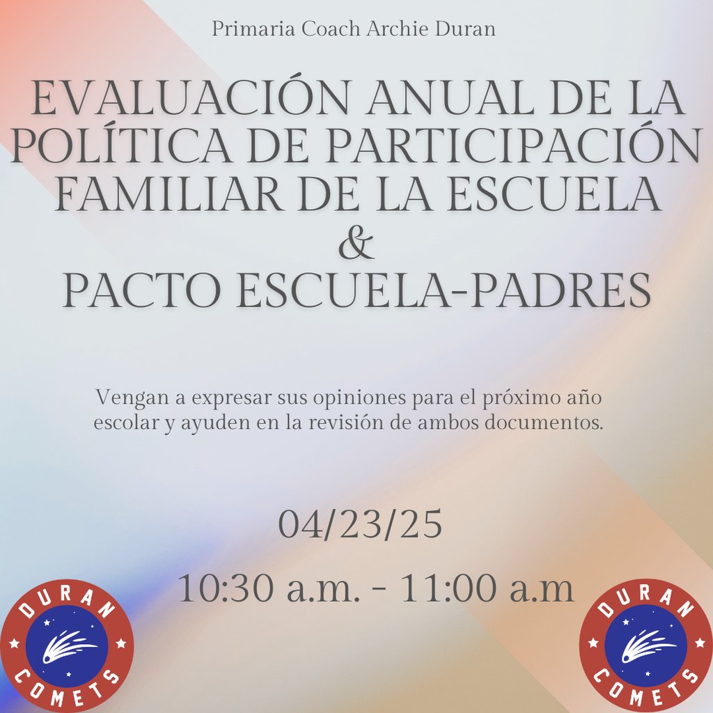 comets_duran's tweet photo. Parents: Annual Parent Engagement Policy &amp; Compact Meeting this week. We can help with registration—bring a utility bill.
Padres: Reunión anual de participación de padres esta semana. Ayudamos con registro—traiga recibo de servicios. https://t.co/jrmct6nYzv