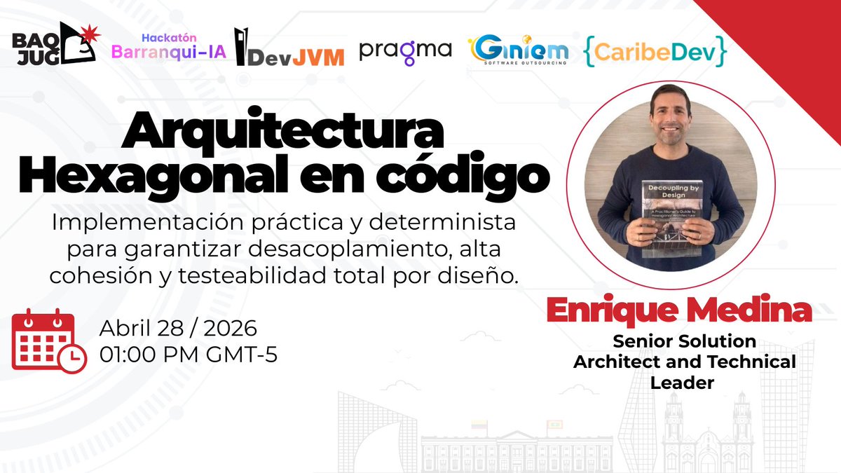 barranquillajug's tweet photo. ¿Dominas la Arquitectura Hexagonal? 🏗️✨

Aprende con Enrique Medina la implementación práctica para lograr un código desacoplado y testeable por diseño. ¡Charla virtual imperdible!

📅 28 de abril - 01:00 PM GMT-5 
📺 Míralo aquí: https://t.co/7MoP2KPV4M

#Java #HexagonalArchite https://t.co/HGJDi3geAt