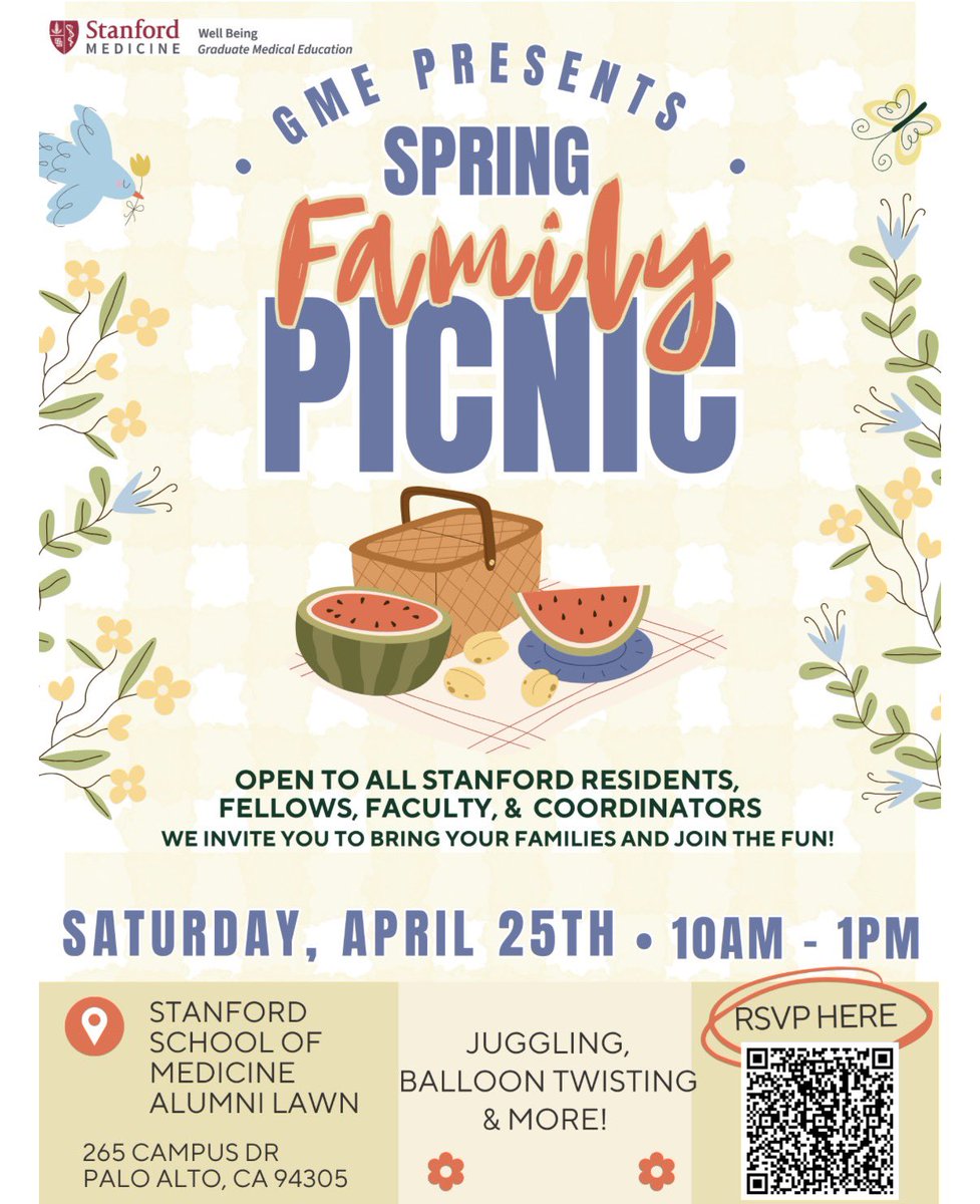 StanDOMFellows's tweet photo. Open to all Stanford residents, fellows, program directors, and program coordinators.

Stanford GME Well-being is hosting a Spring Family Picnic this Saturday, 4/25 on campus. Don’t miss out! Invite your families for a fun filled day.☀️ Scan the QR code to RSVP. https://t.co/gK15OMhokT