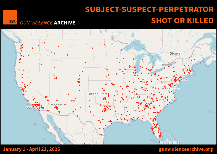 A propósito de Teotihuacán, conviene voltear al Norte y mirar este mapa de Gun Violence Archive (<a href="/GunDeaths/">The Gun Violence Archive</a>): marca los casos en EE.UU. donde el agresor fue abatido o murió.

Solo del 1 de enero al 21 de abril de 2026