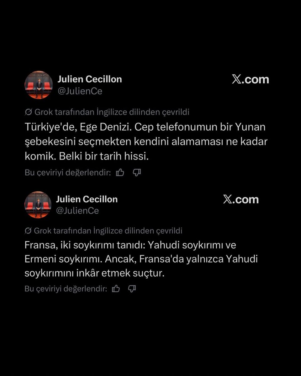 Fransızların Türkiye’deki diplomatlarından birisi bu şahıs. Görüşmeleri de bu yapıyor. 

Eski twitlerine girin sürekli ‘soykırımcı’ ifadeleriyle beraber Türkiye’yi anıyor. Üsluplarına bakarsanız, kendilerini nerde gördüklerini anlarsınız.

Bunlara diplomat diyorlar.
<a href="/TC_Disisleri/">T.C. Dışişleri Bakanlığı</a>