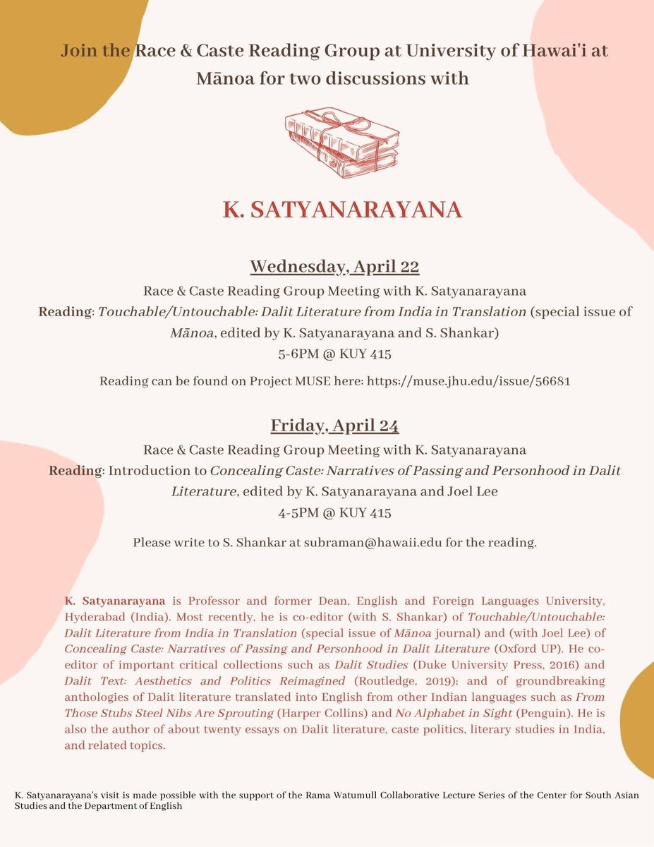 UHCSAS's tweet photo. RACE &amp; CASTE READING GROUP! OPEN TO THE PUBLIC

Reading1: Project MUSE: https://t.co/4r2xegLRNX
WHEN: April 22, 2026
TIME: 5:00pm - 6:00pm
WHERE: KUY 415

Reading 2: Please contact: subraman@hawaii.edu
WHEN: April 24, 2026
TIME: 4:00pm - 5:00pm
WHERE: KUY 415 https://t.co/LIRcd8QUKO