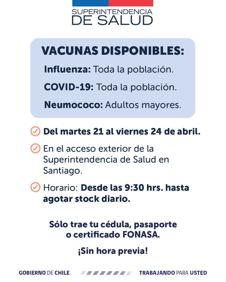 ¡Vacúnate gratis!
Hemos dispuesto un punto de vacunación abierto a la comunidad:

📅 Hasta el viernes 24 de abril.
⌚ Desde las 09:30 hrs.
📍 Ubicación: Alameda 1449, Torre 2, local 12.
💉 Dosis disponibles:
Influenza · COVID-19 · Neumococo.

Sin agenda previa.