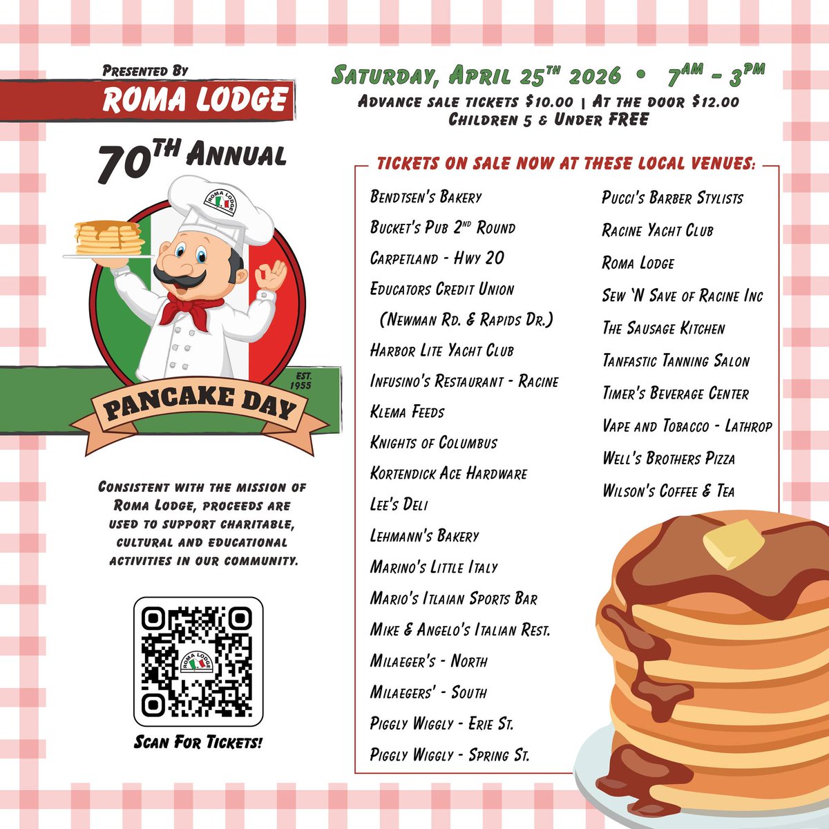 CountyEye20570's tweet image. 🥞✨ RACINE COUNTY TRADITION RETURNS — AND YOU’RE INVITED! ✨🥞 Join us for the 70th Annual Pancake Day at Roma Lodge — a beloved community tradition that’s been bringing people together since… dlvr.it/TS8hWz #RacineCounty #PancakeDay #CommunityStrong #SupportLocal