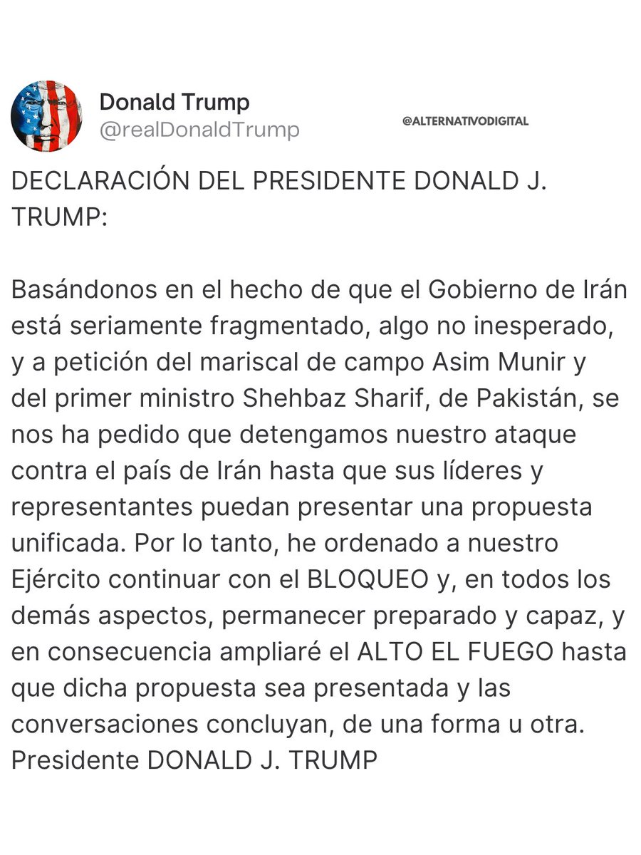 🚨 ÚLTIMA HORA: Donald Trump anuncia que amplía el alto el fuego con Irán sin una fecha límite definida para dar margen a la diplomacia.

La decisión llega pocas horas antes de que expirara la tregua y, según el propio Trump, responde a la petición de mediadores de Pakistán y a
