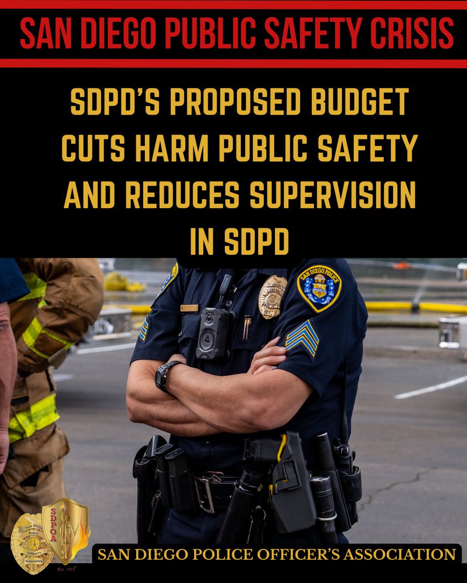 SDPOA's tweet photo. The Police Chief’s proposed budget cuts 25 first- and second-level supervisor positions through eliminations or by freezing positions. These supervisors are critical to department operations, ensuring officers respond to calls and conduct thorough investigations. They also play a key role in holding SDPD members accountable to the public they serve. Some of these supervisors are in critical roles such as supervising the Sexual Offender Unit, Graffiti and Emerging Gangs Team, Air Support, and Field Operations.

In 2015, a study by Police Executive Research Forum (PERF), conducted after a series of misconduct incidents, criticized SDPD for its lack of supervision. The report found: “PERF’s review of selected disciplinary cases revealed that most of the cases were notable for a lack of consistent first-line supervision of officers.”

These cuts are irresponsible and put politics over public safety.

"When you repeat a mistake, it is not a mistake anymore: it is a decision.”