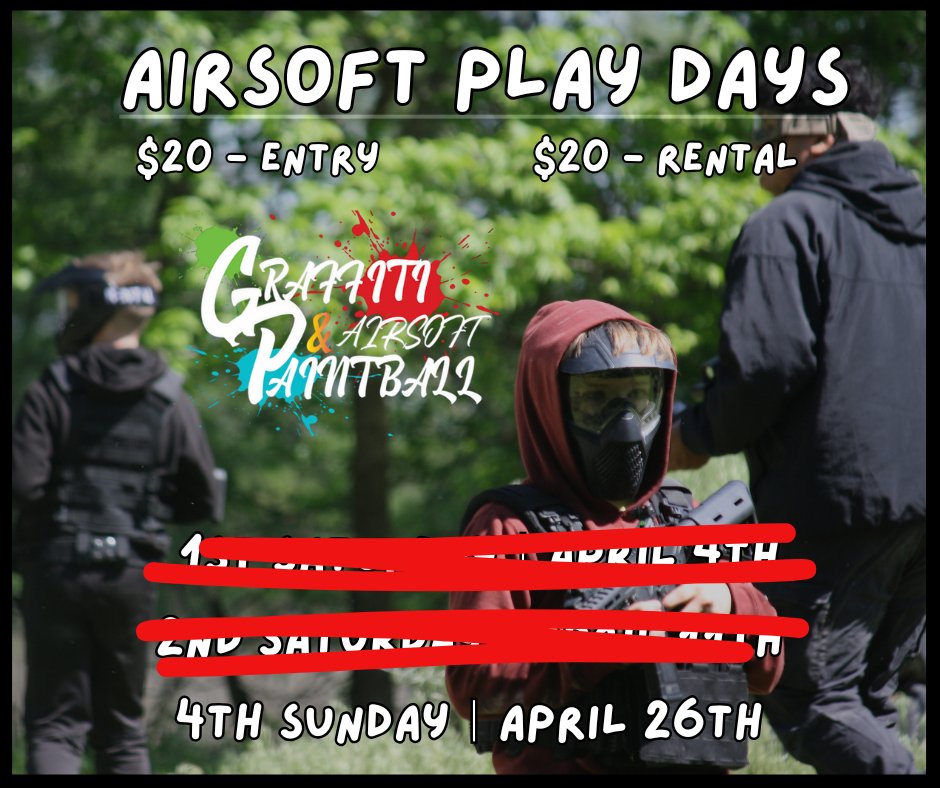 GraffitiPB's tweet image. This Sunday, April 26th, is the last AIRSOFT &amp;amp; PAINTBALL play day of the month!

Field Fee - $20 ︱ Rental + Field Fee - $40
Gates open at 8:30AM ︱ Check-In's start at 9AM
Games start as soon as enough players are chrono'd

#graffitipaintballnairsoft ︱ #paintball ︱ #airsoft
