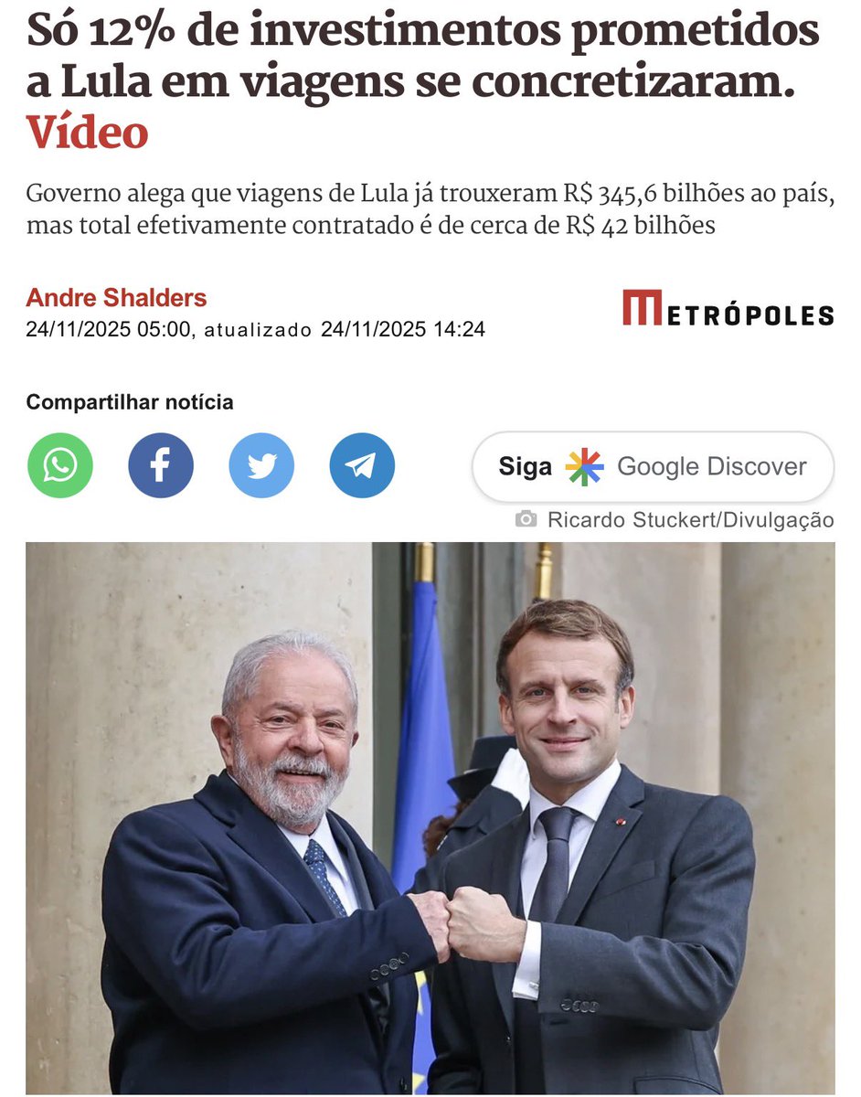 Governo Lula diz que Lula já trouxe mais de 345 bilhões em investimentos, mas na verdade foram apenas 42 bilhões.
Eles não resistem a uma mentira.