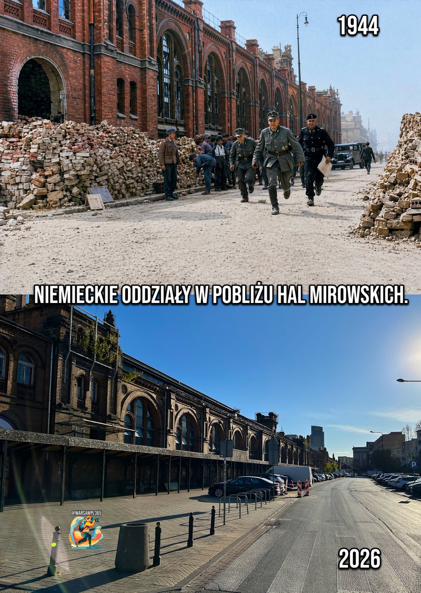 This photograph from August–September 1944 shows German troops moving near Hala Mirowska at Plac Mirowski, which had been turned into a fortified stronghold during the Warsaw Uprising. #war #history #warsaw #polska