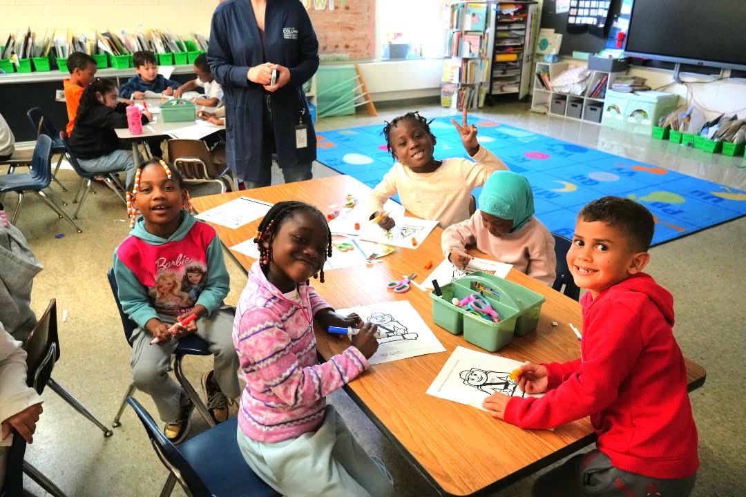 VisionZeroCbus's tweet photo. #TrafficSafetyAwarenessWeek is underway at @ColsCitySchools! Today, Vision Zero Coordinator, Katherine "Swid" Swidarski, had the opportunity to stop by Northtowne Elementary School to talk with kindergartners about safe crossing habits and the importance of buckling up. https://t.co/nDuDt23zMG