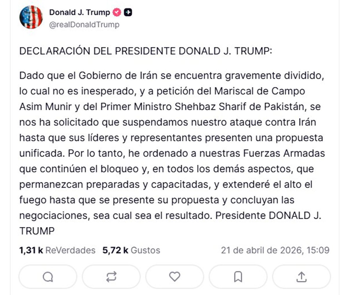 ValeTVCanal5's tweet image. #MedioOriente #ÚltimaHora || Presidente Donald Trump anuncia este martes que, a petición de Pakistán, ha decidido extender el alto el fuego que debía vencer el miércoles hasta que Irán presente una propuesta de acuerdo y concluyan las negociaciones, "Sea cual sea el resultado"