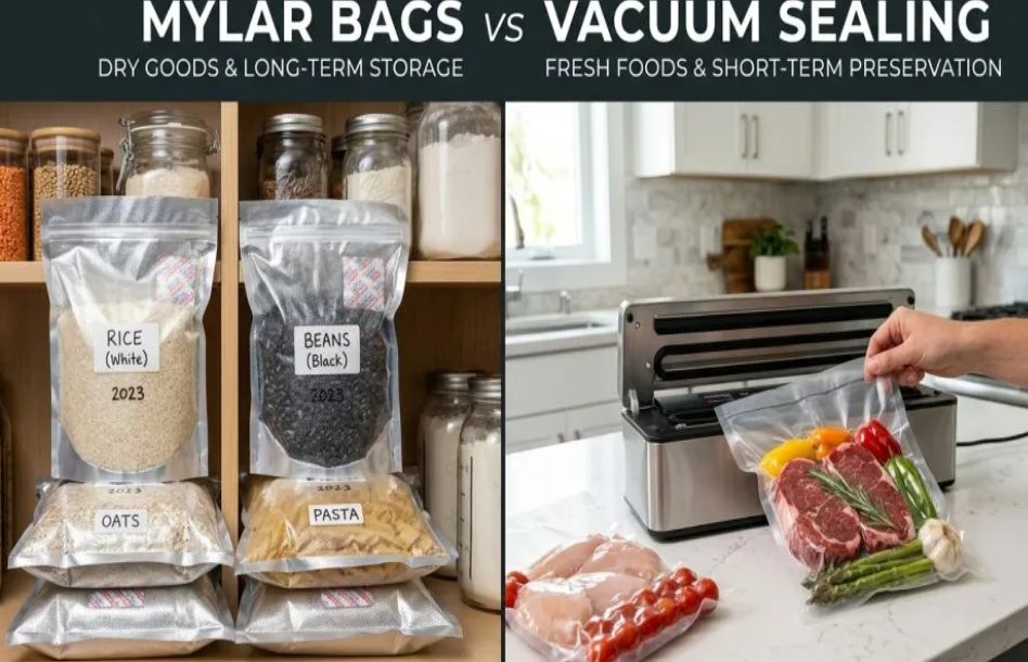 pack_role's tweet image. Mylar vs Vacuum Sealing 📦

✔ Mylar = best for long-term (years+)
✔ Vacuum = best for short-term &amp;amp; freezer
👉 If shelf life matters → Mylar wins

Read more 👇
 packrole.com/blog/mylar-bag…

#Packaging #Storage