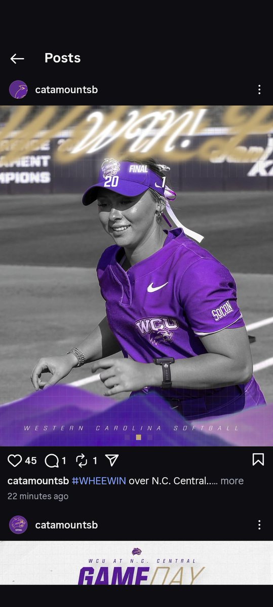 Catatron1889's tweet photo. WHEE WIN!! The Lady Cats crush NC Central 20-1 on the road in their final non-conference doubleheader opener of the season. 16 of our 20 runs were scored in the 5th inning alone, resulting in yet another run rule game for the Lady Cats. Go Cats!! https://t.co/b2f8eMv8GZ