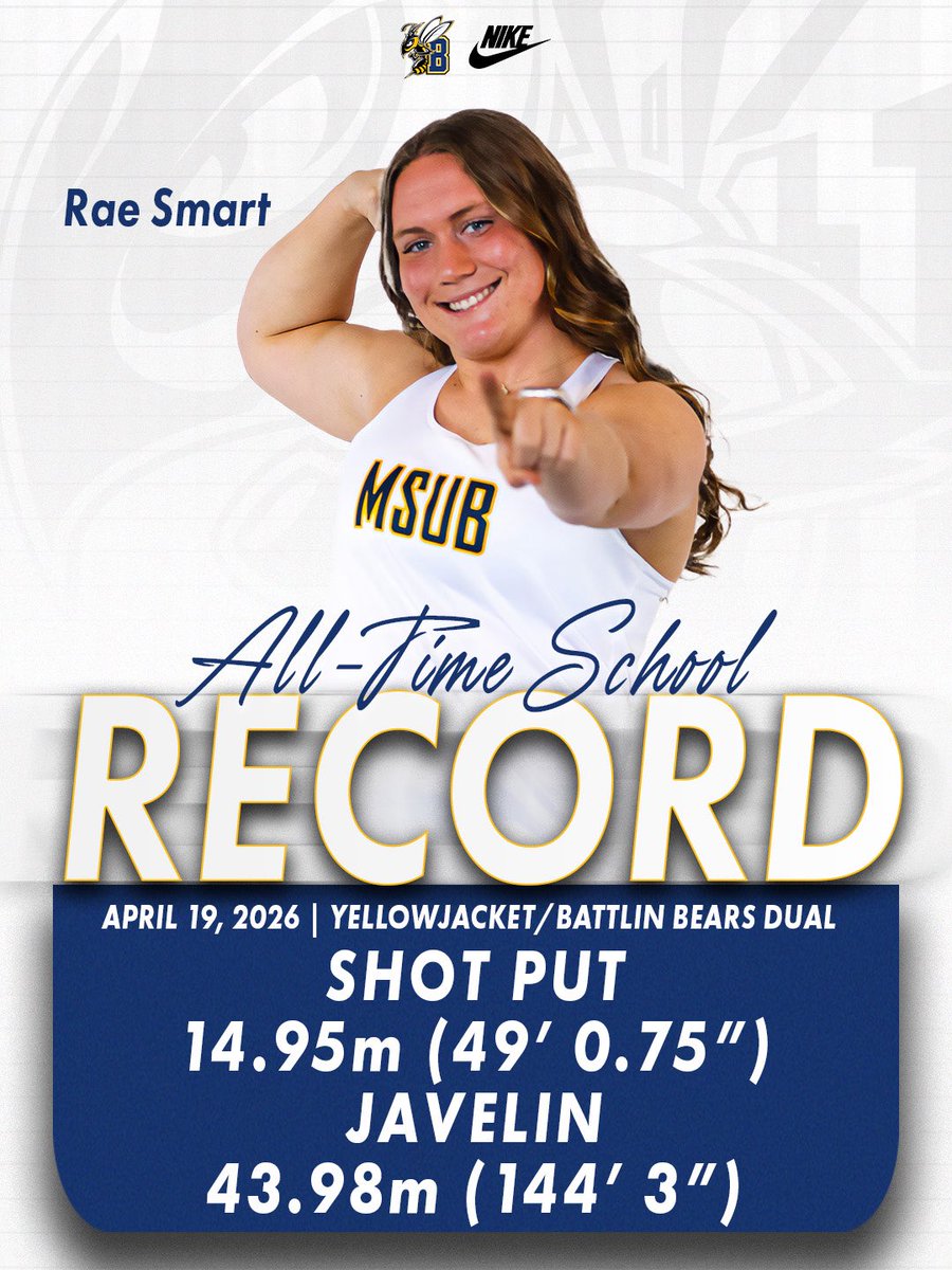 msubxctf's tweet photo. 𝘽𝙖𝙘𝙠 𝟐 𝘽𝙖𝙘𝙠

Rae Smart not only broke the school records she just set in last week’s meet on Sunday, but now has provisional qualifying marks in both shot put and javelin 🔥

#msubsports | #msubtf https://t.co/NHoR2v9V82
