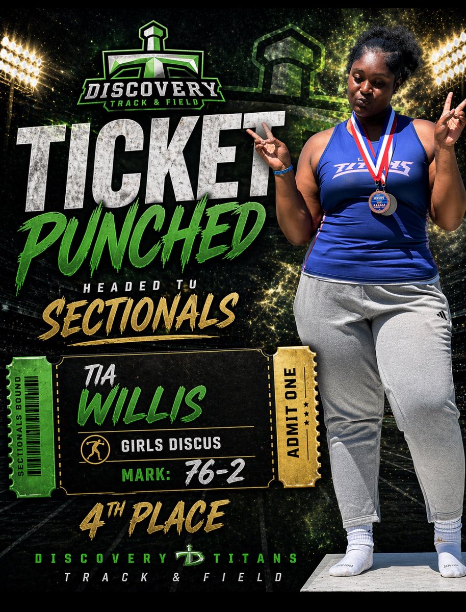 Disco_TFXC's tweet photo. First up to punch her ticket 🎟️ to Sectionals, is Tia Willis! She finished 4th in the girls Discus (76-2) and Is the 2026 6A Region 7 Girls Shot Put Champion! 💚💙 @GDPsports @DHS_Titans @SprintCoachMir https://t.co/i4GJEHTiDY