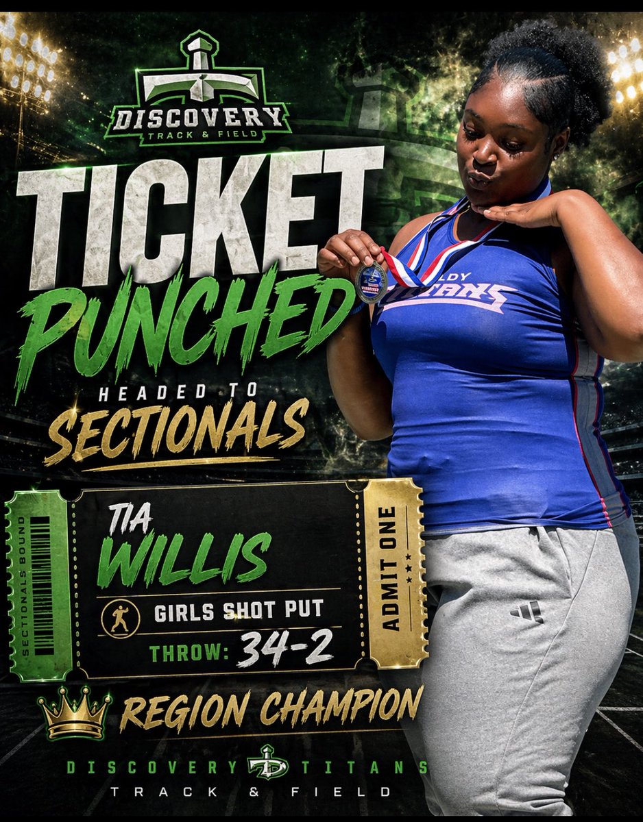 Disco_TFXC's tweet photo. First up to punch her ticket 🎟️ to Sectionals, is Tia Willis! She finished 4th in the girls Discus (76-2) and Is the 2026 6A Region 7 Girls Shot Put Champion! 💚💙 @GDPsports @DHS_Titans @SprintCoachMir https://t.co/i4GJEHTiDY