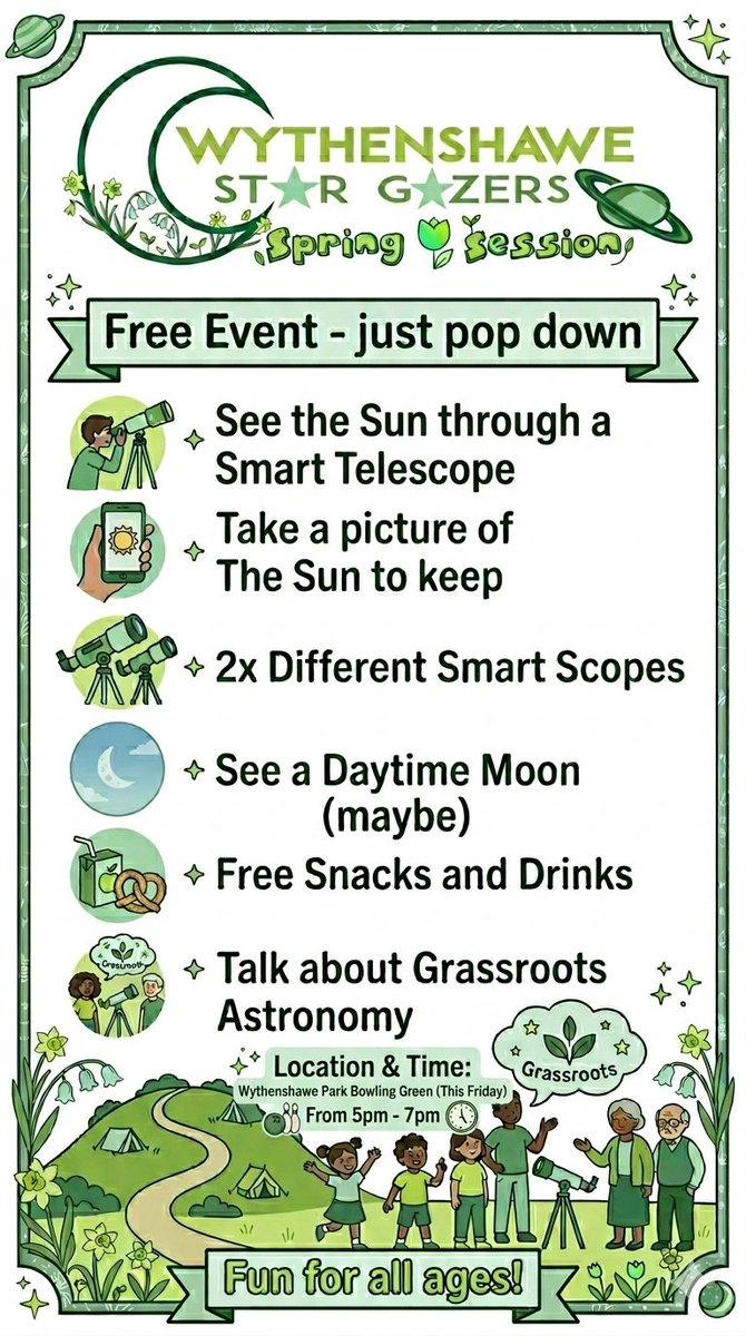 StarWyth's tweet photo. Join Wythenshawe Star Gazers for our FIRST-EVER Spring Session this Friday at Wythenshawe Park Bowling Green (5-7 PM)! See the Sun safely on a tablet, maybe a daytime Moon, and all the space chat you can handle. Casual pop-up, no booking – just drop by! https://t.co/wJJJDVfIXB