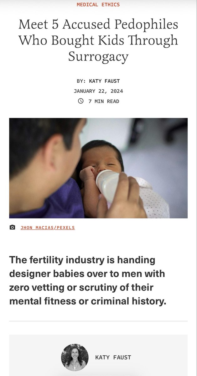 Katy_Faust's tweet image. Just one? How about 5.

And this is only the first list. Part 2 is in the works because several more cases have surfaced since this was published two years ago. #Surrogacy #Pedophiles 
thefederalist.com/2024/01/22/mee…