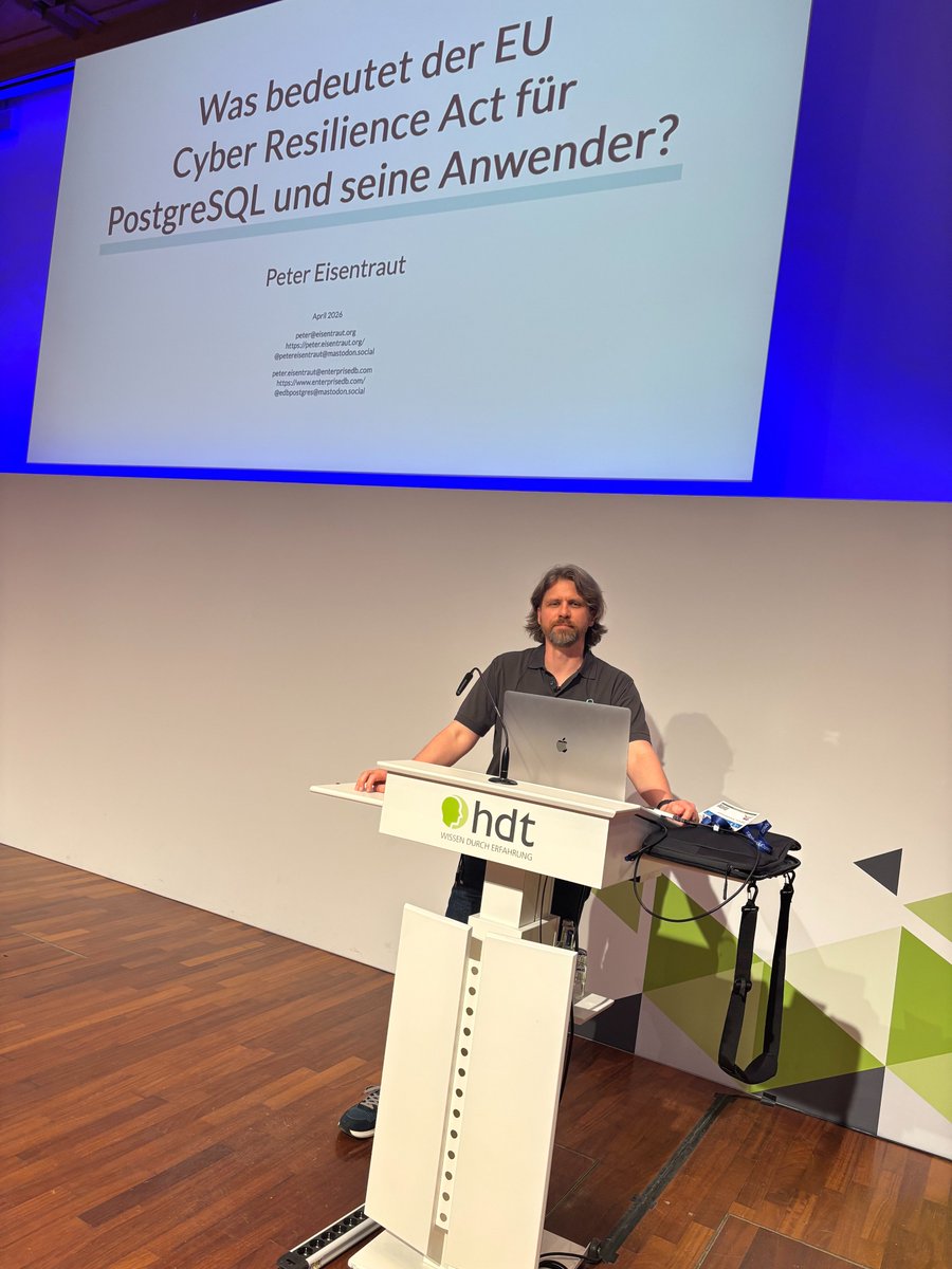 EDBPostgres's tweet image. Day 1 at #PGConfDE wrapped! Peter Eisentraut on the #CRA, Charly Batista on ML + #Postgres, Álvaro Herrera on the next decade. Tomorrow: Bruce Momjian on what's still missing, and migration strategies with Raphael Salguero.