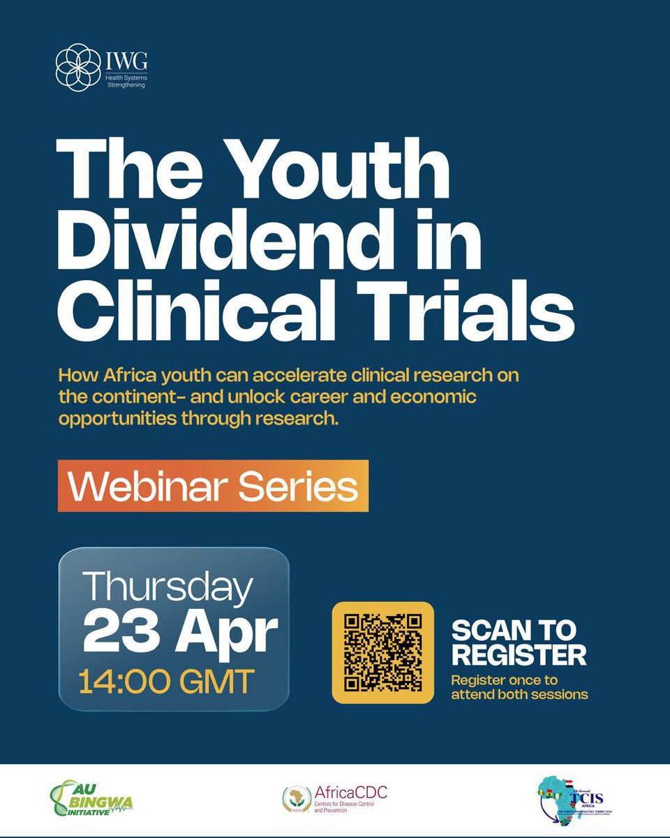 OmoGbajaBiamila's tweet image. Themed: “The Youth Dividend in Clinical Trials” and hosted by @AfricaCDCYouth, @IWGforHSS, and Blue Cloud X, the Young Clinical Investigator Series will focus on how African youth can accelerate clinical research on the continent.

Scan the QR code to register.

Let's discuss!